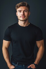 Fototapeta premium A young man with a muscular build stands confidently against a dark background. He has short, styled hair and is wearing a fitted black t-shirt mockup and jeans, with a relaxed posture.