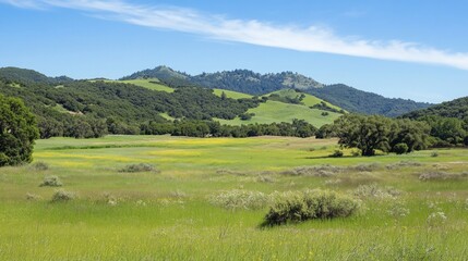 Obraz premium Lush sage green fields stretch endlessly under a clear blue sky, framed by gentle rolling hills. A few trees add life to the peaceful rural landscape, inviting quiet reflection and tranquility
