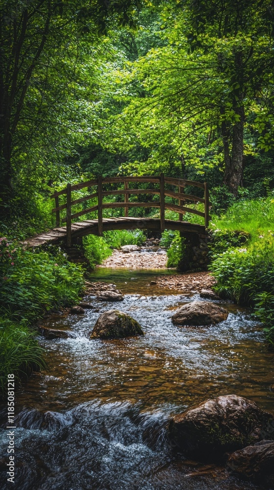 Poster a charming wooden bridge arches over a gently flowing stream, surrounded by vibrant trees and rich f