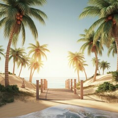 Obraz premium Tropical beach paradise, sunset glow, palm trees, wooden boardwalk, turquoise lagoon, sandy shore, lush vegetation, vibrant colors, dreamy atmosphere, coastal landscape, idyllic vacation scene, photor