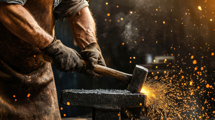 A blacksmith with strong arms and a leather apron hammers red-hot metal on an anvil in a smoky workshop. Sparks fly from the impact, illuminating the rugged, industrial setting.
