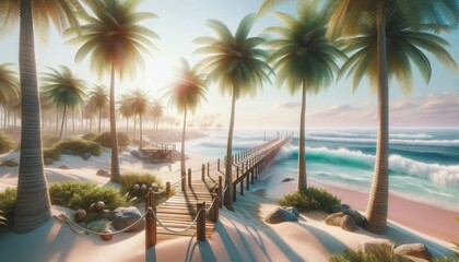 Tropical beach paradise, sunset glow, palm trees, wooden boardwalk, turquoise lagoon, sandy shore, lush vegetation, vibrant colors, dreamy atmosphere, coastal landscape, idyllic vacation scene, photor