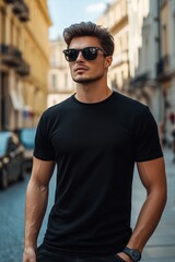 A stylish young man wearing sunglasses and a black t-shirt mockup stands confidently on a city street. The background features classic architecture and a cobblestone road.