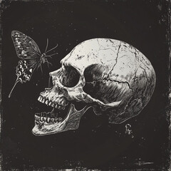 Skull and Butterfly Arm black and white illustration