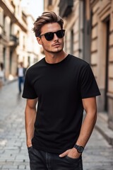 A stylish young man wearing sunglasses and a black t-shirt mockup, standing on a cobblestone street in a city. The background features blurred pedestrians and classic architecture.