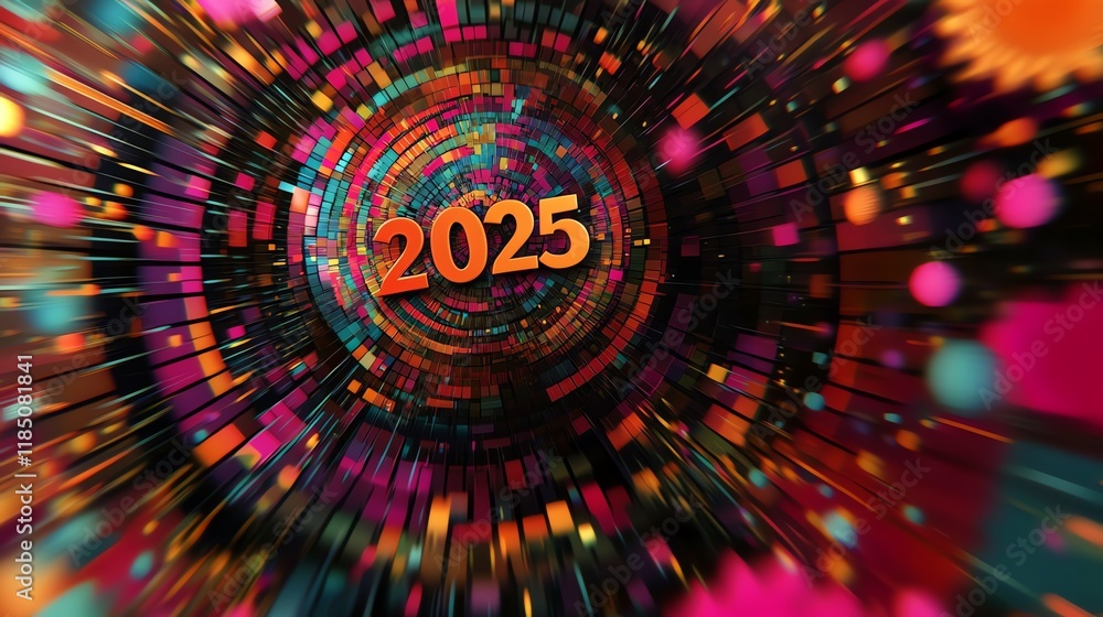 Poster a vibrant, abstract representation of the year 2025 with dynamic colors and patterns.