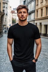 A stylish young man stands confidently in a narrow cobblestone street, wearing a black t-shirt mockup and dark jeans. He has a well-groomed hairstyle and a watch on his wrist.