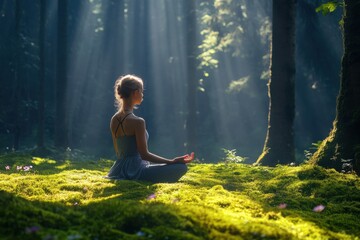Woman meditating cross-legged on mossy forest floor in sunlight