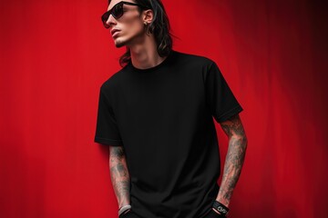 A stylish young man T-shirt mockup with long hair and sunglasses poses against a vibrant red...