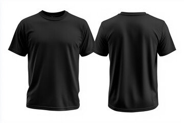 A plain black t-shirt mockup from the front and back views, suitable for showcasing apparel designs or fashion.