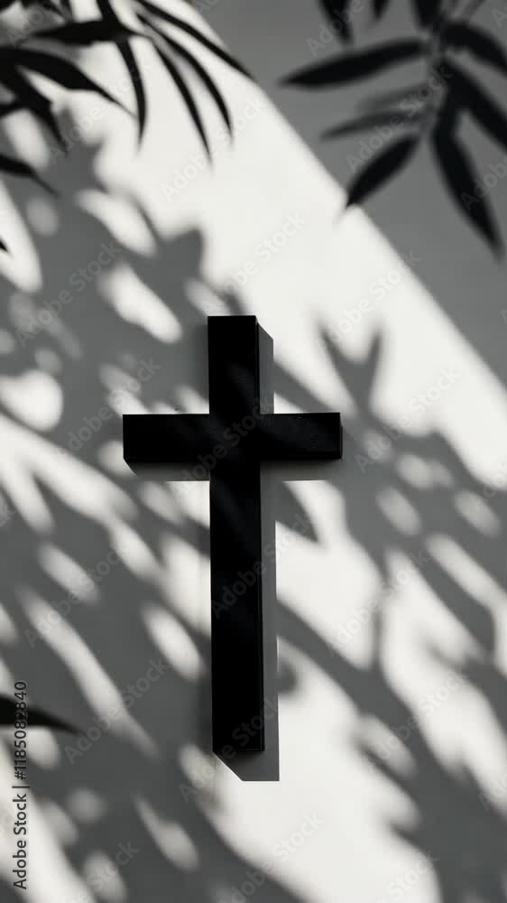 Poster Shadows of a cross cast against a wall illuminated by soft light in a serene setting