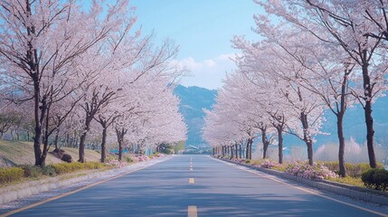 Fototapeta premium A tranquil countryside road invites exploration, flanked by vibrant cherry blossoms creating a picturesque view. The sunlight dances through the delicate petals, enhancing the peaceful atmosphere