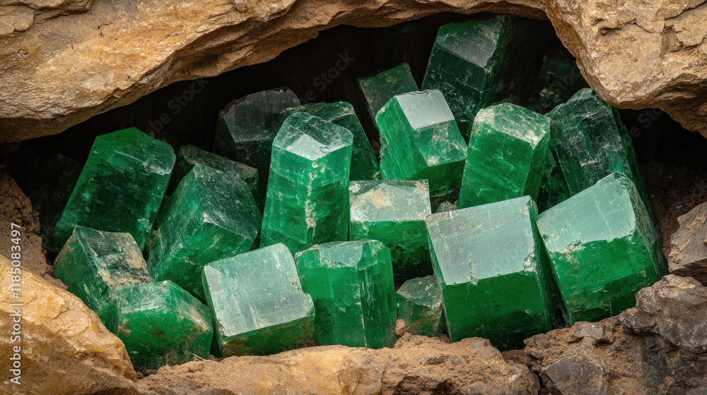 Poster mines and geological formations, a close-up image showcasing raw emerald crystals embedded in a natu