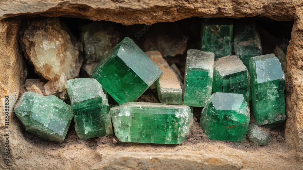 Poster mines and geological formations, a close-up image showcasing raw emerald crystals embedded in a text