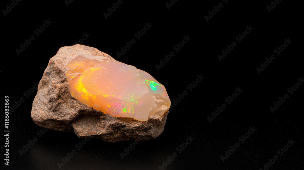 Poster mines and geological formations, close-up image of raw opal set within a rocky matrix, showcasing th