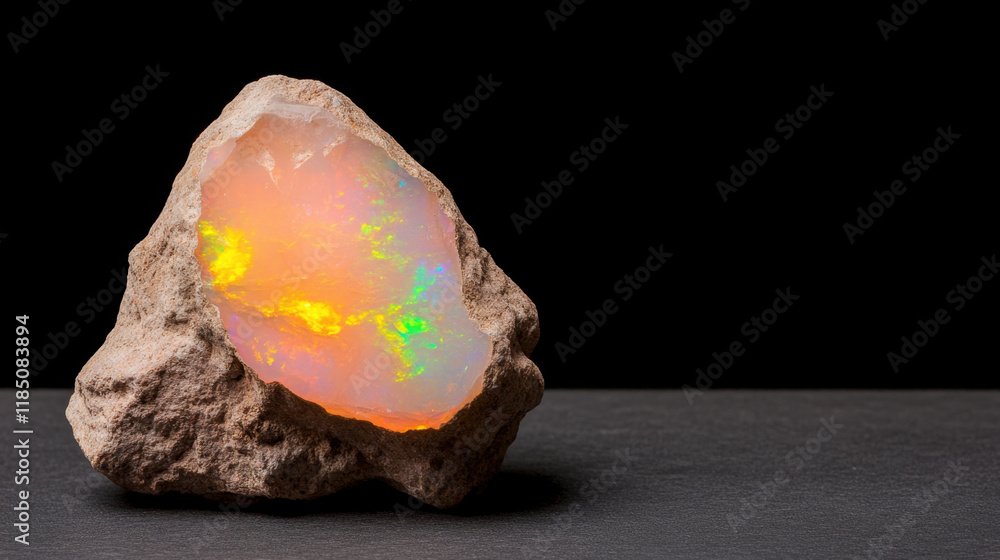 Poster mines and geological formations, a close-up image of raw opal embedded in a rocky matrix, showcasing