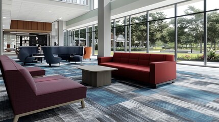 Modern lounge area with seating and large windows for socializing and relaxation.