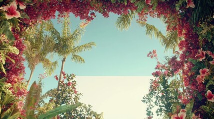 A vibrant floral frame with palm trees against a clear sky, creating a tropical and inviting atmosphere.
