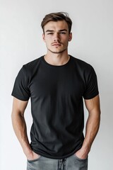 A young man stands confidently against a plain background, wearing a fitted black t-shirt mockup and jeans. His hands are in his pockets, and he has a serious expression.