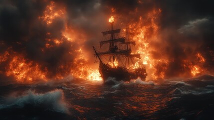 Burning ship engulfed in flames at sea during a fierce storm.