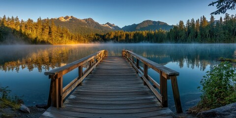 Fototapeta premium A wooden dock on the edge of an alpine lake