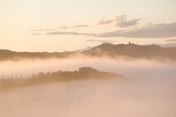 Tuscan Hills and Fog at Sunrise in Italy