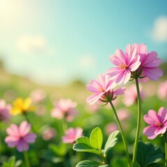 Pastel clover flowers swaying in the spring sun, sunlight, pastel colors, flowers
