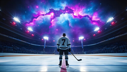 Ice hockey player 7 with uniform stick skates helmet gloves Sports Rink Under Nebula Universe