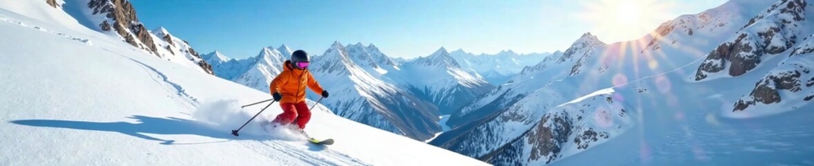 Obraz premium Snowy mountain terrain with child skiing under helmet , play, helmet, adventure