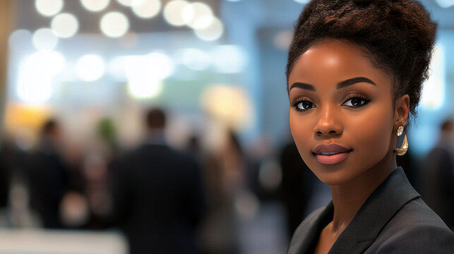 Professional young beautiful Black woman attending a business expo in office blurred, networking with industry leaders, and exploring opportunities to expand her career and influence