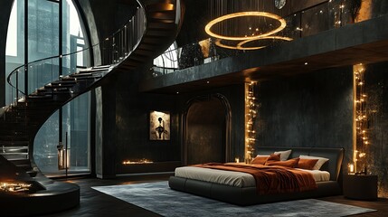 A luxury bedroom with a double-height ceiling and a spiral chandelier 