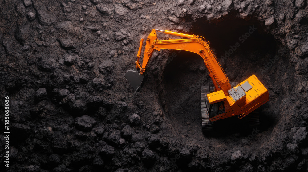 Poster mines and geological formations, a photorealistic image depicting miners actively working with a dri