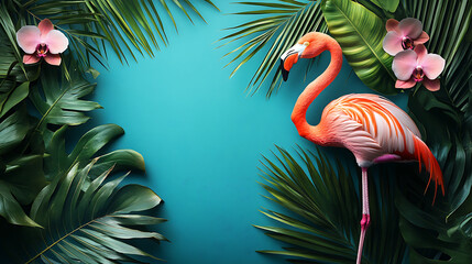 summer beach party concept with pink flamingo wearing sunglasses, tropical leaves and palm branches on blue background, 