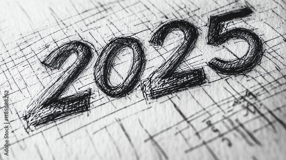 Poster a sketched representation of the year 2025, emphasizing design and creativity.