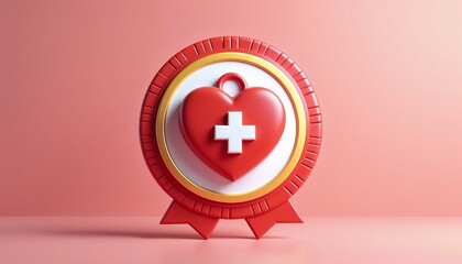 Obraz premium Red heart-shaped medal with a white cross and ribbon details on a pink background, symbolizing healthcare, compassion, and medical recognition