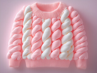 a soft pink and white sweater made of fluffy marshmallow treats. playful fusion concept of food and fashion