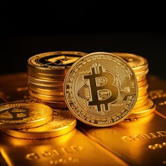 Gold bars, Bitcoin coin, cryptocurrency, digital currency, precious metals, wealth, investment, finance, golden glow, macro photography, reflective surfaces, stacked gold ingots, valuable assets, econ