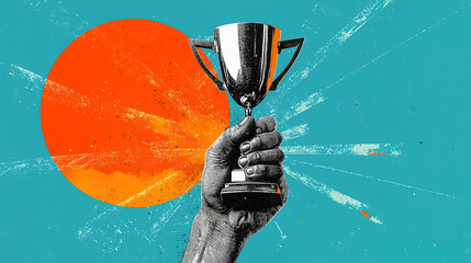  Contemporary artistic collage featuring a hand holding a trophy, symbolizing achievement, success, and victory in a modern, dynamic, and visually engaging style.