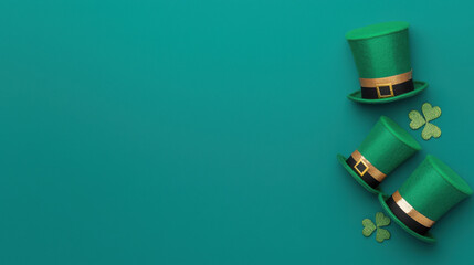 A vibrant green background featuring three festive hats and clovers, perfect for St. Patrick's Day celebrations.
