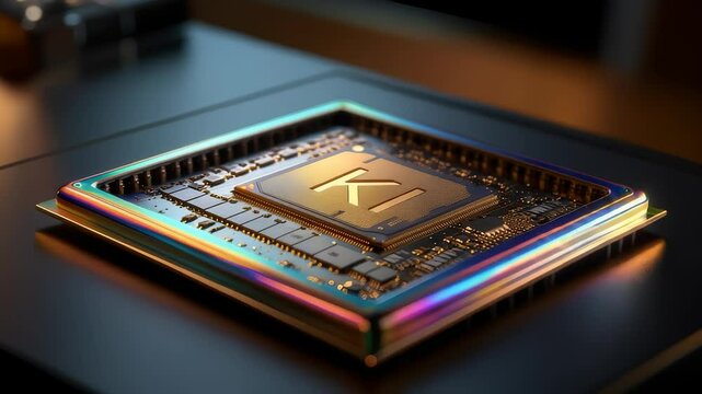 Futuristic AI processor chip with golden details and modern design
