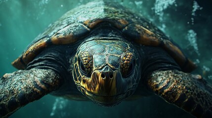 A close-up of a majestic sea turtle swimming gracefully underwater, showcasing its textured shell and intricate features.