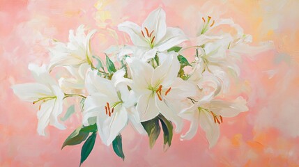 A vibrant arrangement of white lilies against a soft pink backdrop, radiating elegance and tranquility.