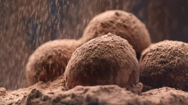 Sweet truffles, round chocolate candies with falling cocoa powder