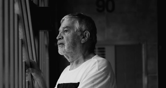 Older man holding bars, gazing into the distance, reflective and sorrowful, dramatic portrayal of loneliness, loss, and life struggles in a quiet, outdoor setting