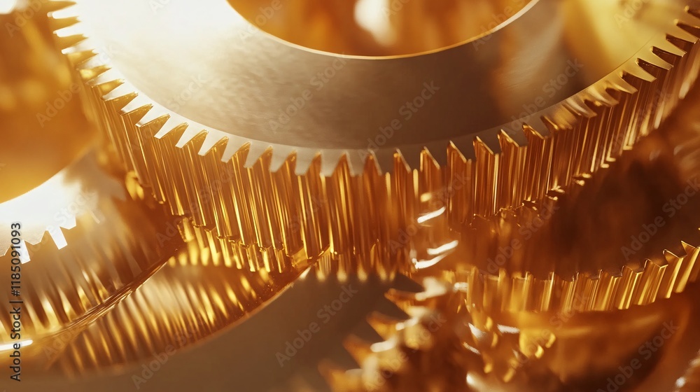 Poster close-up of gleaming golden gears interlocking, showcasing intricate details and craftsmanship.