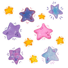 Set of purple and yellow stars. Watercolor illustration, hand drawn in childish style. Drawing for stickers, postcards. cartoon, , lilac, purple, magic, star, pink