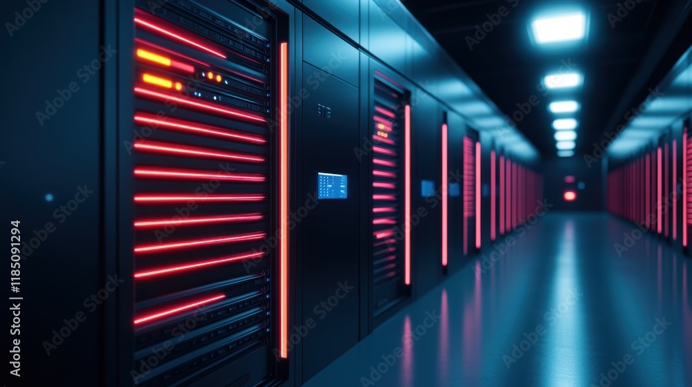 Poster futuristic data center with colorful light strips and high-tech server racks in a modern digital env