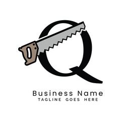 Letter Q handsaw logo. Alphabet Q woodwork and carpentry icon