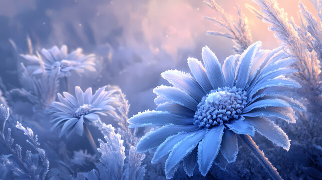 Frostbloom fantasy: daisy petals transform into a frosty fantasy, casting a spell of cold enchantment over the landscape. Frostbloom. Illustration