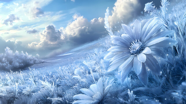 Frostbloom fantasy: daisy petals transform into a frosty fantasy, casting a spell of cold enchantment over the landscape. Frostbloom. Illustration